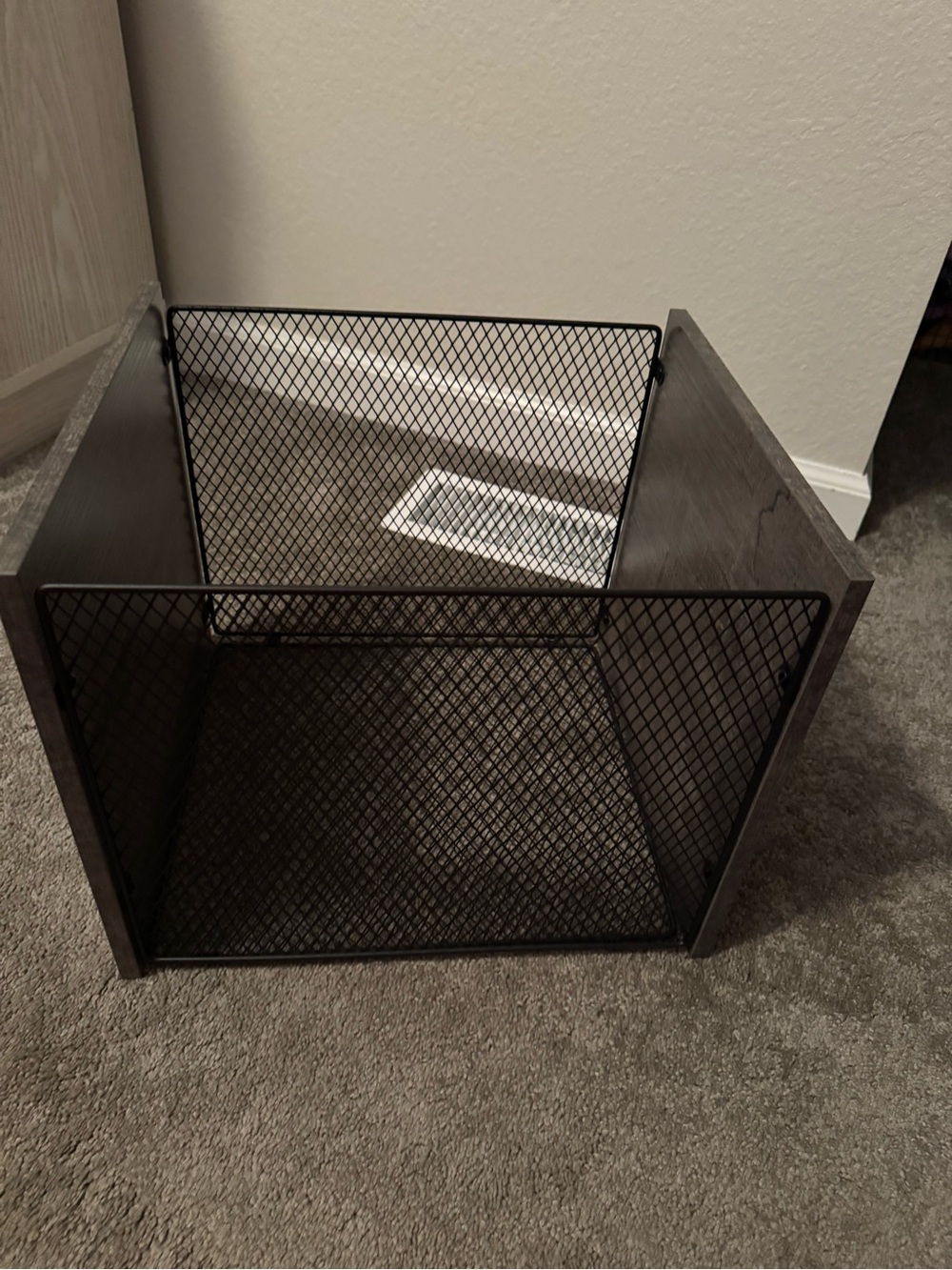 Modern Black Mesh and Dark Wood Storage Bin for vinyls.